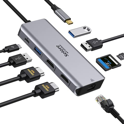 USB C Docking Station, SELORE 9 in 1 USB C Hub 2 HDMI Dual Monitor,Gigabit Ethernet, USB 3.0&USB 2.0, 100W PD, SD/TF,kompatibel für MacBook Pro,MacBook Huawei,Dell XPS Tablette Type C usw