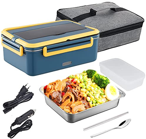 Chauffé Boîte à Déjeuner, Boîte à Lunch électrique 1,8L 60W 3 en 1 Thermos Portable Récipient Chauffant Nourriture Voiture Maison Fourchette Acier Inoxydable 304 Cuillère Sac sous Vide 220V/12/24V