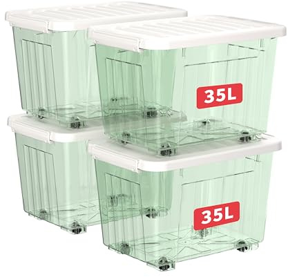 Cetomo 35L*4 Plastic Storage Boxes with Wheels, Lidded Storage Box with Secure Side Latches, PP Nestable and Stackable Clear Organizer for Home, Office, Moving, Transparent Green, 35L-4 Pack