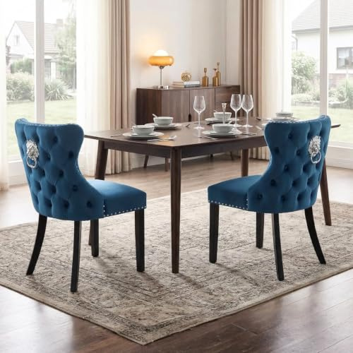 chairus Vintage Esszimmerstuhl 2er-Set, mit Samtbezug, Holzbeine, Blau | Elegante armlose Küchenstühle mit weichem Samtbezug und Massivholzbeinen, klasische Löwenkopf-Deko, für Wohnzimmer/Esszimmer