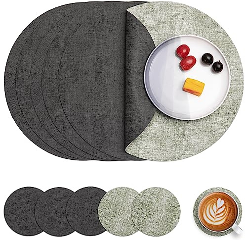 Myir JUN Tischsets abwaschbar Leder und Untersetzer doppelseitig Platzset | Platzset Rund Ø 36cm 6er Set rutschfest Glasuntersetzer Platzdeckchen Kunstleder Tischset (Grau Grün, 6er Set)