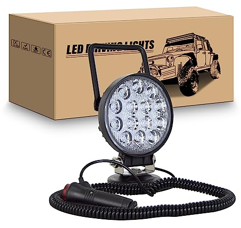 RIGIDON Led Arbeitsscheinwerfer mit Magnetfuß, 4 Zoll 42W Rund Scheinwerfer | 12V 24V Flood Offroad Zusatzscheinwerfer, Zigarettenanzünder, 5 meter Kabel für Auto Traktor KFZ LKW 4x4 Camping Boot, 6000K