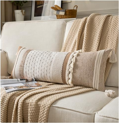 Caflife Boho Lumbar Throw Pillow Cover 14X36 Long Decorative Pillows for Bed, Brown Beige Woven Body Pillow Cover for Farmhouse Chair Sofa Bedroom Living Room Home Decor Couch Cushion Case, Pack of 1
