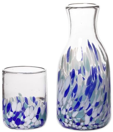 NOVICA Artisan Crafted Handblown Recycled Carafe & Cup Glass | Drinkware Water Decanters | Blue Confetti | Recycled Glass | Dishwasher Safe | Mexico ' Blue Confetti' (9 H x 3.7 Diam.) (4.2 H x