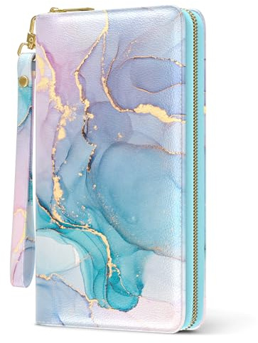 Nipichsha Womens Wallet, RFID Wristlet Wallet for Women, Cute Ladies Purse, Large Credit Card Clutch Purse, Leather Card Holder Wallets with Zipper & Phone Holder, Colorful Ink Marble