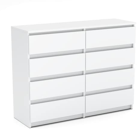 MRBLS_HOME Kommode mit 8 Schubladen - Holz Sideboard 120 x 92,5 x 33,5 cm (B/H/T) - Schmale Kommode für Schlafzimmer & Flur - Regal mit Schubladen - Schrank mit Schubladen (Weiß Matt)