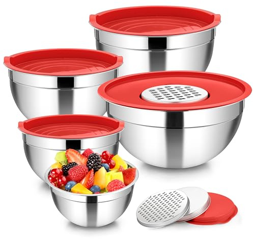 Homikit blandningsskål, rostfritt stål skål salladsskål set om 5 med lufttätt lock & 3 rivtillbehör, skålset för blandning 4,6 l/2,8 L/1,6 L/1,2 L/0,7 L, stapelbar, diskmaskinssäker, röd