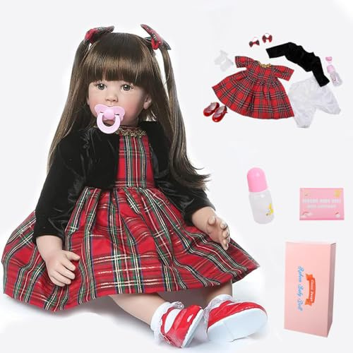Tuttofttg Bambole Reborn 24 Pollici (60 cm) in Silicone Morbido, Realistica Bambola Neonato Femmina con Capelli Radicati Lunghi e Occhi Aperti, Per Collezionisti e Regalo
