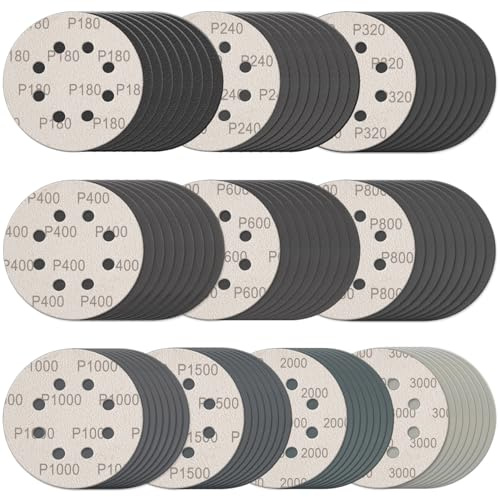 100 Pcs 5 Inch Sanding Discs Hook & Loop 8 Holes Wet Dry Sandpaper 180 240 320 400 600 800 1000 1500 2000 3000 Assortment Grits Silicon Carbide Orbital Sander Sand Paper for Wood Automotive Metal