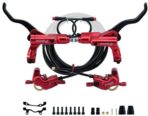 HZXQCVB Kit De Freins À Disques Hydrauliques pour E-Bike avec Power-Off 2-PIN 4 Pistons Kit De Freins À Disque pour Vélos Électriques Levier De Frein, Étriers Et Tuyau De 2300mm Inclus(Red,for 160mm)