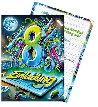Limonia 8 Einladungskarten zum 8. Kindergeburtstag Motto Feier Fest Einladung Set Geburtstag Mädchen Kinder Jungs Jungen Boys Teenies Graffiti Street Art