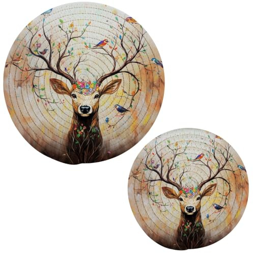 Gorgeous 2 Pcs Woven Potholders Trivets Set, Magic Deer Antlers in Colors Flowers Birds Round Hot Mats Coasters Placemats for Kitchen Cooking Baking Hot Dish Pan Pot Bowl Teapot(7&9 Inches)