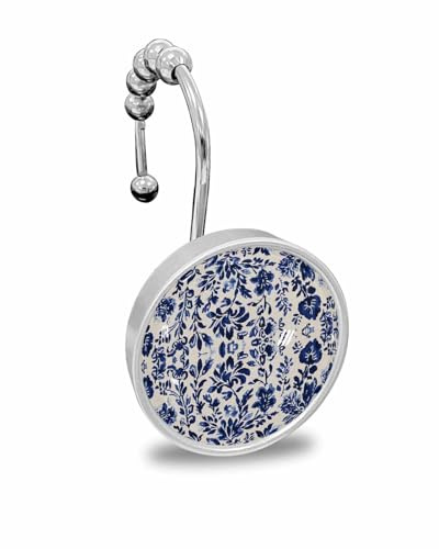 Shower Curtain Hooks Set of 12, Boho Abstract Flower Plant Pattern Crystal Glass Showers Curtains Rings, Bathroom Decorative Rod Stainless Steel Rust Proof Roller Hangers Hook
