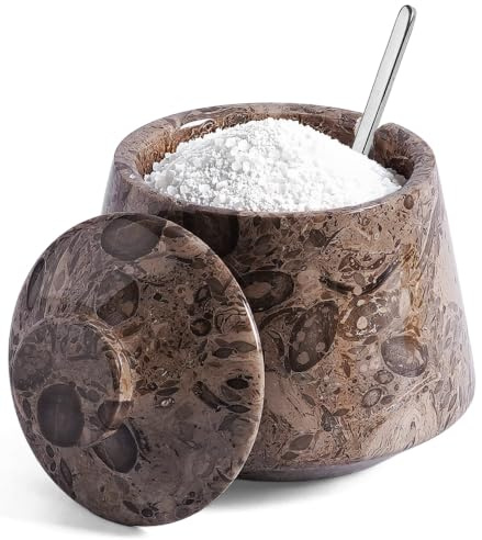 EARTHEN CRAFTS Marble Tumbler Salt Cellar With Lid & Spoon Oceanic 4 Inch Handmade Seasoning & Spice Tools Storage Container - Coffee Candy Jar Kitchen Accessories