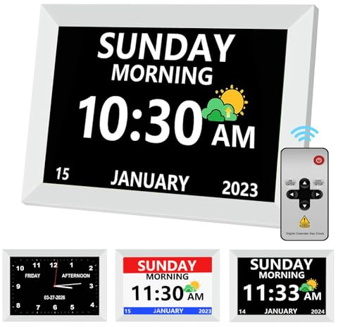 MRCHYDZ - Orologio da 25,4 cm con giorno e data per anziani, grande schermo, orologio digitale, 12 sveglie, 3 promemoria medici, grande fonte di demenza, sveglia per persone