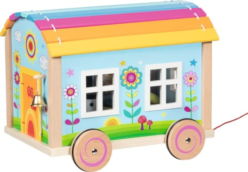 goki 51440 – Wohnwagen Spirit – 12-teiliges möbliertes hippes Puppenhaus-Mobil im Bauwagen-Style mit abnehmbaren Dach und Wänden