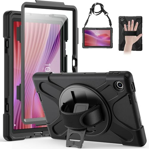 Gerutek Cover per Lenovo Tab 2025 10.1 Pollici, Nero | Custodia Robusta Antiurto con Pellicola Protettiva, Supporto Girevole a 360°, Cinghia per Mano/Spalla, Portapenne