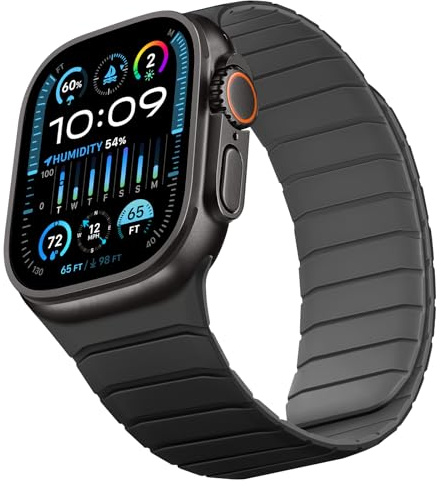 Sixmoat Bracelet Réversible Double Face Compatible avec Apple Watch 49mm 46mm 45mm 44mm 42mm, Bracelet Magnétique en Silicone Souple pour iWatch Ultra 3 2 1 SE série 11 10 9 8 7 6 5 4 3, Noir-Gris