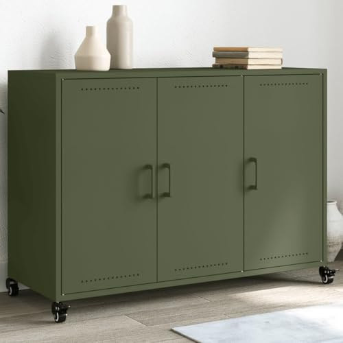 QJBSAVVA Credenza Cucina in Acciaio Verde Oliva con 3 Ante e Ruote, Mobile Salvaspazio Moderno 100,5x39x72 cm per Soggiorno Ingresso e Casa