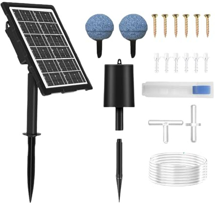 Ahuuen Teichbelüfter für Außenbereich,Solar Sauerstoffpumpe - Wasserdichter Leiser Belüfter mit Schlauch und Ausströmerstein für Teich Garten Außenbereich