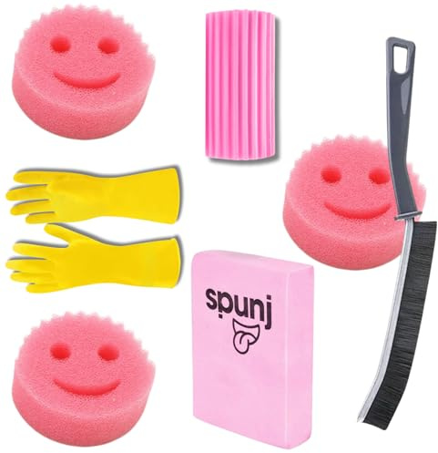 Spunj Sponge, Pink Damp Duster Sponge, Narrow Gap Brush, Household Cleaning Gloves, and 3 Smiley Face Sponges - Vital Home Cleaning Bundle by Kevagh