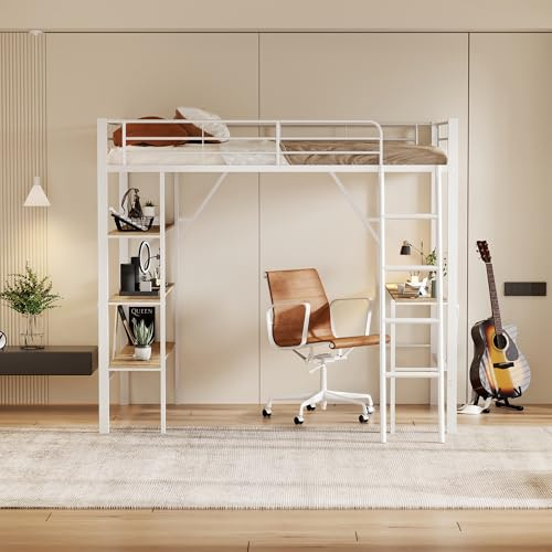 SACOOL Metallbett 90x200cm Bettgestell, Eisenbett, Hochbett mit Schreibtisch und DREI großen Ablagen für Kinder, Jugendliche und Erwachsene, weiß