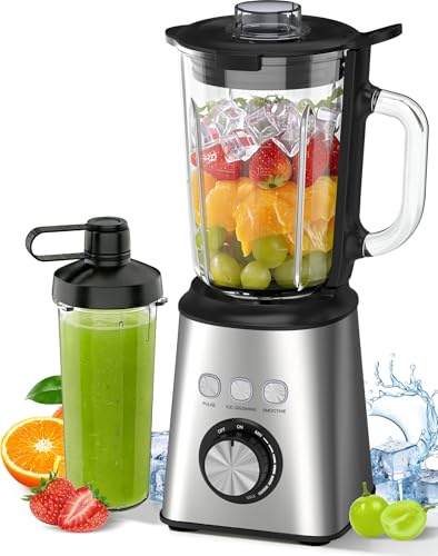 Blender Mixeur 1000W, Blender Smoothie Haute Vitesse avec Bol verre 1,5 L & Tasse 600ml, 3 Modes et Vitesse Infinie, 24000 tr/min, Inox, Pour Glace Pilée, Smoothies, Jus, Shakes