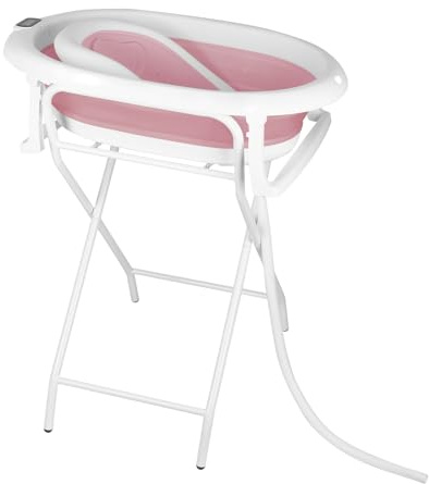 Faltbare Babybadewanne mit Standfuß – Große XXL-Badewanne mit Ständer/Sitz und Drainage-Set – Babywanne von Geburt bis 3 Jahre – Babygeschenk – (Stil 1) 85 x 47 x 85 cm – Rosa