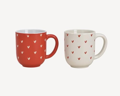 Seyila Home Keramik-Tassen-Set mit Herz-Dekor, Rot & Weiß, 2-teilig, je ca. 400 ml, für Kaffee & Tee, Geschenk für Valentin, Hochzeit oder Muttertag