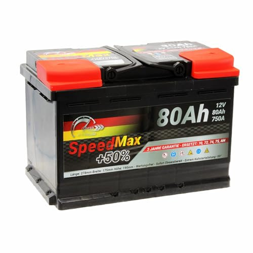 SPEED MAX BATTERIA AUTO L3 80Ah 750A EN 12V POLO POSITIVO DESTRA EQUIVALENTE 74Ah 75Ah DIMENSIONI 278 x 175 x 190 mm PRONTA ALL'USO
