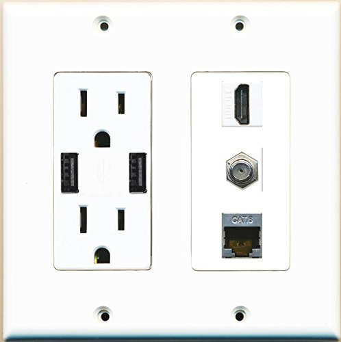 RiteAV Steckdose, 2 USB Ladegerät HDMI Koax geschirmt CAT6-weiß