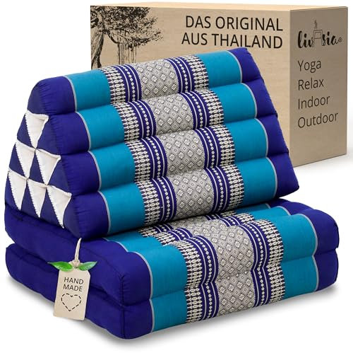 livasia Thaikissen mit 2 Auflagen - 120x50x8cm - Dreieckskissen mit Sitzkissen, Keilkissen mit Kapok, Rückenkissen faltbar, Thaimatte zum Klappen, handgefertigt, Meditationskissen (Blau)