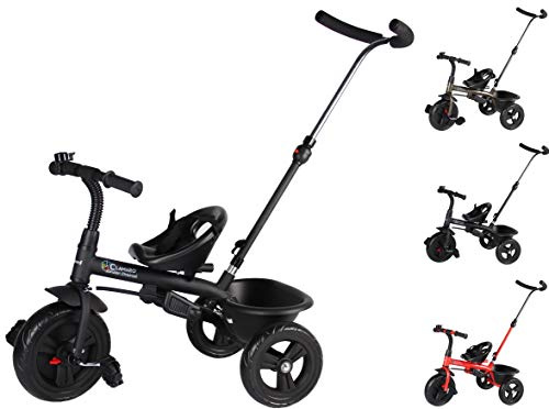 Kinder Dreirad 2in1 ab 1 Jahr Schwarz Matt Clamaro 'Buttler Basic' | Für Jungen und Mädchen, höhenverstellbare Lenkstange, Sitzgurt, Klingel, Körbchen, Fußablage, Vor-/Rücklauf