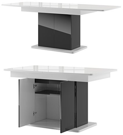 Tisch Star 03 Esstisch Säulentisch ausziehbar 140-210 cm mit Schrank 2 Tür (Schwarz Hochglanz/Weiß Hochglanz)