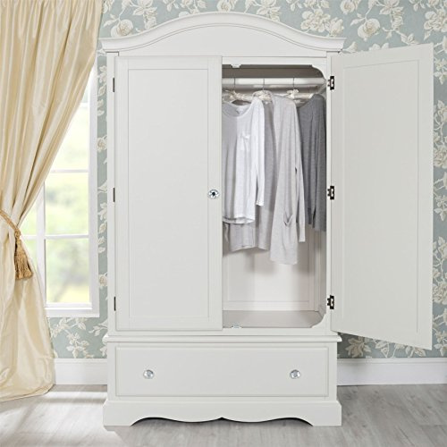 Romance Antique White Wardrobe with deep drawer and crystal handles. Bedroom Double Wardrobe
