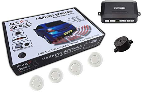 Park Mate PM100 Rear Reverse Parking Sensors Kit Audio Buzzer 4 Ultrasonic Radar Alert System for All Makes and Models Metallic White