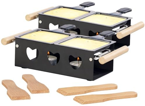 Rosenstein & Söhne Raclette Teelichtofen: 2er-Set Teelicht-Raclette für 2 Personen, mit Schabern und Teelichtern (Teelichtofen Set, Grill mit Teelichter, Käsefondue)