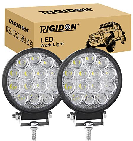 RIGIDON Lot de 2 feux de travail LED ronds de 10,2 cm 42 W, 12 V 24 V, feux de conduite pour voiture, bateau, camion, 4 x 4, SUV, ATV, tracteurs, pelleteuse, 6 000 K, blanc