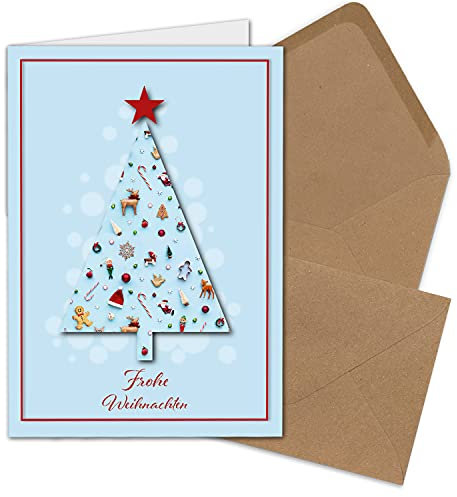 100x Weihnachtskarten-Set DIN A6 mit hellblauem Weihnachtsbaum und Winter-Symbolen - Faltkarten mit Umschlägen DIN C6 Kraftpapier Sandbraun mit Nassklebung - Weihnachtsgrüße für Firmen und Privat