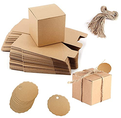 50 Stück Karton Geschenkboxen, Braune Geschenkboxen, Schachteln, Kleine Braune Pappschachtel mit Etikett und Seil, zum Verpacken von Partygeschenken, Brot, Gebäck und Süßigkeiten, Braun