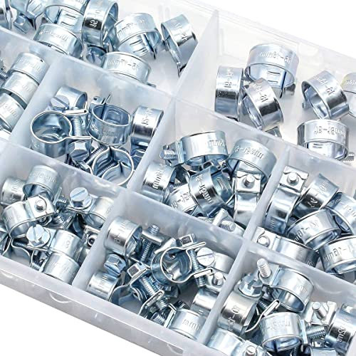 KATUR 135Pcs 9 Sizes Fuel Hose Clamps, Zinc Plated Mini Fuel Injection Line Style Hose Clamp Assortment Kit, Petrol Pipe Clamps Fastener Assortment Kit for Diesel Petrol Pipe