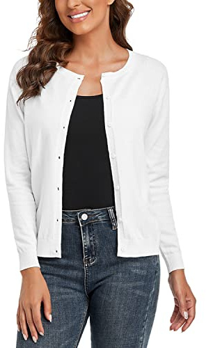 CUNYI Cardigan Donna Maglia con Bottoni Girocollo Classico Manica Lunga Giacca Cappotto Elegante, Bianco L