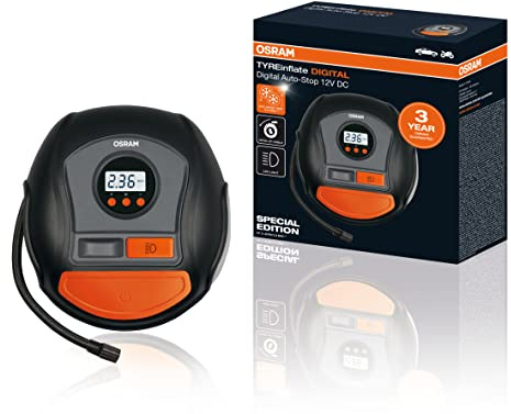 OSRAM TYREinflate DIGITAL, compresseur numérique et portable, arrêt automatique, lumière LED, pompe à air électrique pour pneus, connexion à une prise de voiture 12V, gonflage des pneus en 3,5 min