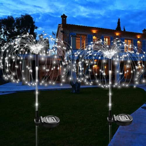 NMM Luces Solares de Fuegos Artificiales, 2 Pack 120 LED Impermeable al Aire Libre 2 Modos de Iluminación Solar de Jardín Para el Césped, Patio, Decoración (Blanco)