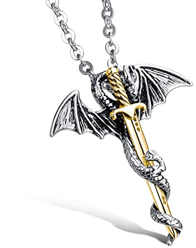 Collar Hombre de Colgante Murciélago Dragón,Cadenas de acero inoxidable con dragón y espada colgante collares para hombre cadena de joyas,Buen Regalo para su Pareja Novio Padre Sorpresa