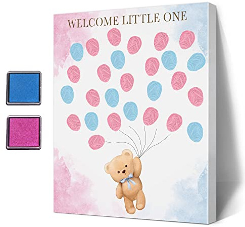 UBLURO Gästebuch mit Bären-Thema, Fingerabdruck-Baum, Leinwand, für Babypartys, für Jungen oder Mädchen, Dekoration, personalisiertes alternatives Gästebuch