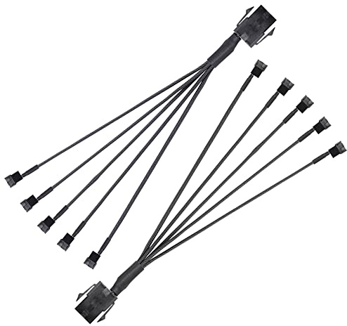SinLoon 6-poliger PCIE-auf-3/4-poliger Lüfter, 2 Stück 6-poliger PCIE-Stecker auf 5 x 3-poliger 4-poliger PC-Gehäuselüfter-Konvertierungskabel für PC-Gehäuselüfter, 10 Zoll (1 to 5)