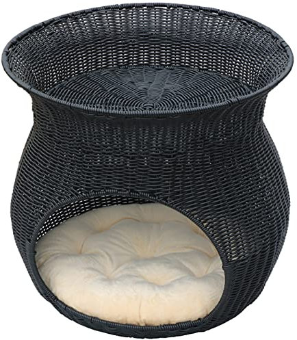 SIDID Katzenhaus Indoor 2 Etagen Waschbar Katzenbett Große Katzen Aus PP-Rattan Geflochten mit Kissen Katzenkörbchen Katzenhöhle für Kleines Haustier Innen