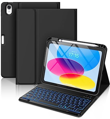 Hamile for iPad 11th 10th Generation Case with Keyboard - 7 Colors Backlit Wireless Detachable Folio Keyboard Cover with Pencil Holder for iPad 11-inch A16 2025 10th Gen 10.9 Inch 2022 (Black)