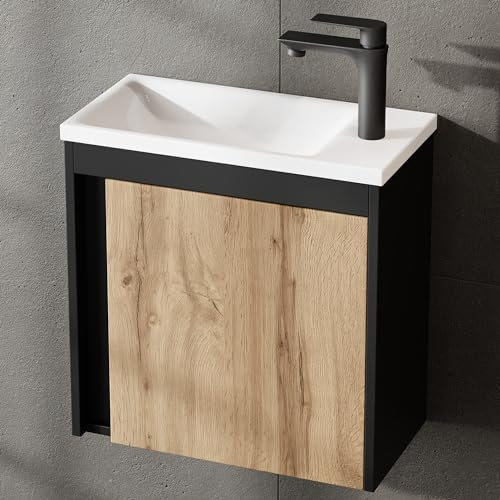 Planetmöbel Juego de muebles de baño de 2 piezas, Lavabo con armario inferior, 50 x 48,3 x 24,8 cm, Negro Mate/roble Wotan, Armario bajo lavabo con lavabo blanco